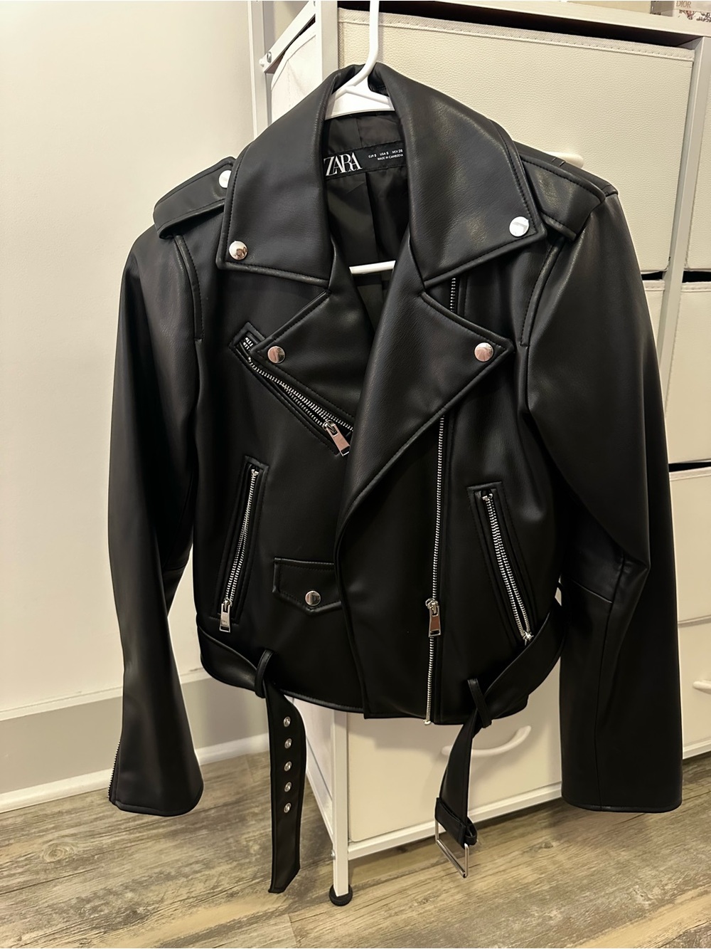 Zara Black Faux Leather Moto Jacket with Belt